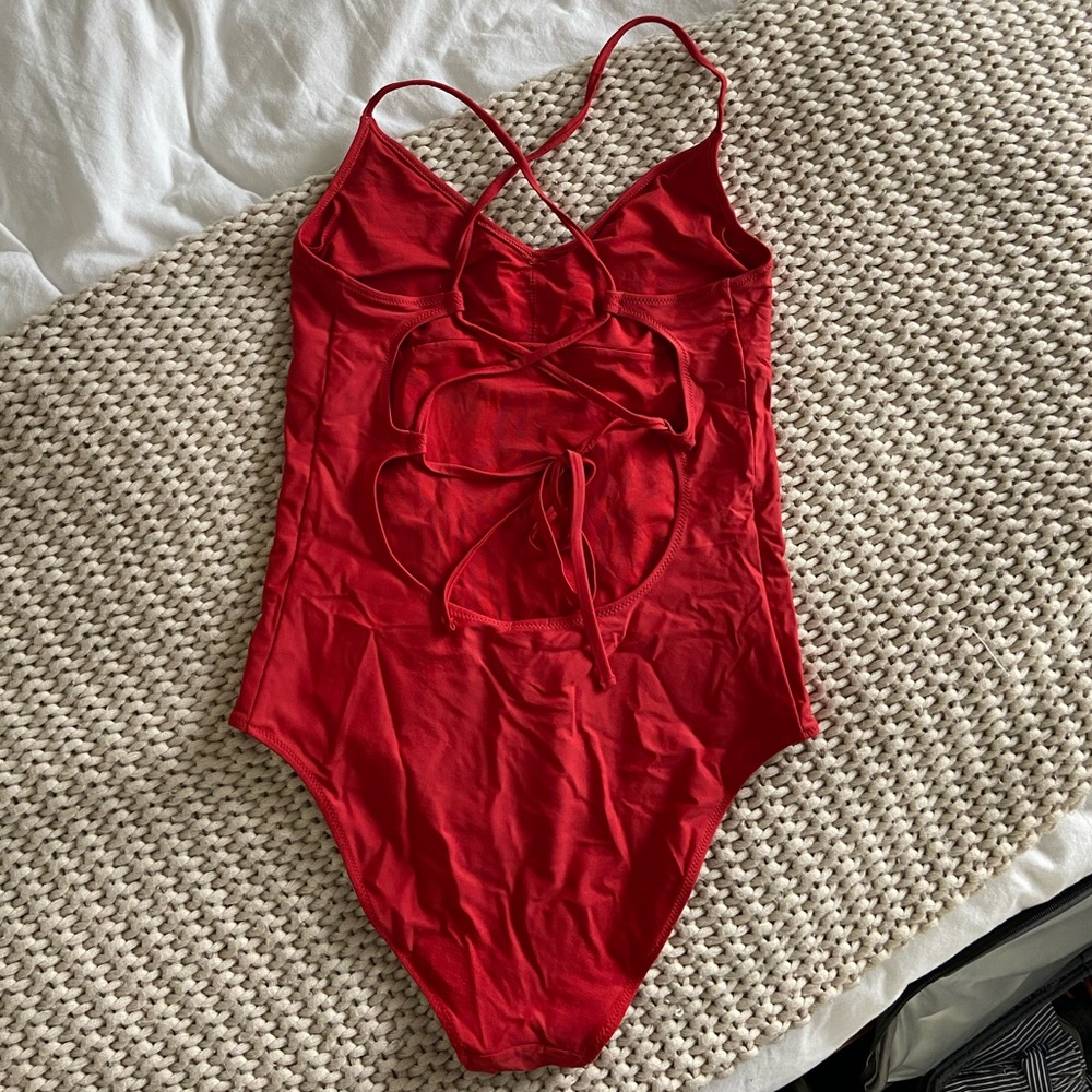Red One Piece Aerie Swimsuit Criss Cross Back